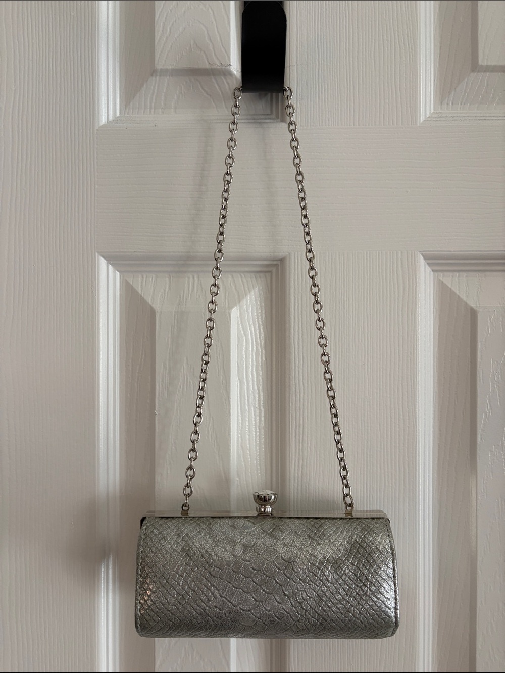 Kate Landry Silver Shine Faux Snake Clutch Purse Evening Glam Sparkle Rhinestone